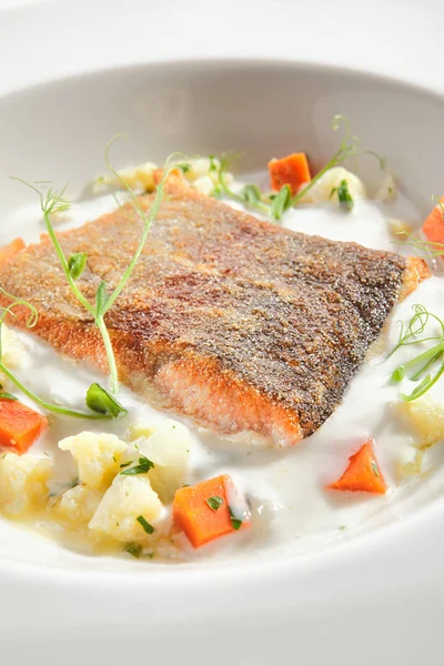 Filete de trucha en salsa de crema con estofado de verduras aislado —  Fotos de Stock