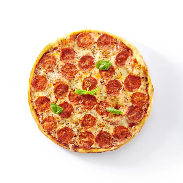 Traditional Italian Pepperoni Pizza, Isolated Fast Food Top View — Stock Photo, Image