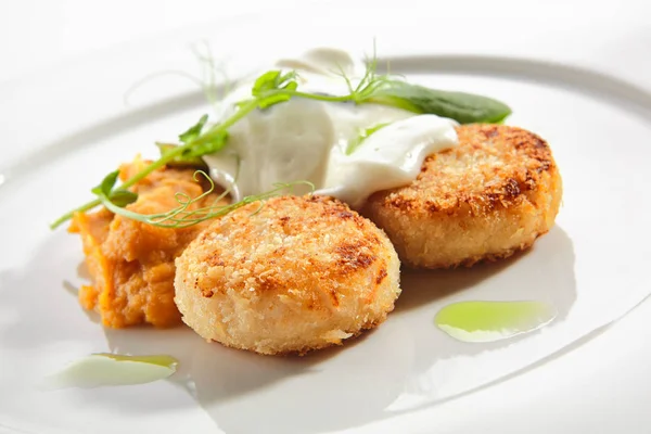Halibut Cutlets or Fish Cakes with Cream Cheese Isolated — Stock Photo, Image