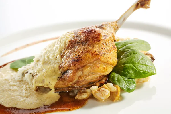 Duck Leg Confit with Pearl Barley on Restaurant Plate Isolated — Stock Photo, Image