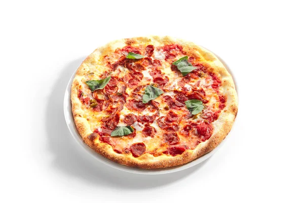 Italian Pepperoni Pizza with Salami Isolated over white — Stock Photo, Image
