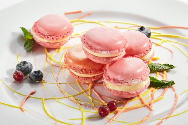 Beyaz tabakta makarna. Fransız tatlısı. Tereyağlı sandviçli kurabiye. Kremalı lezzetli bisküviler ve yanında pembe gıda boyası. Tatlı şekerleme, fırın