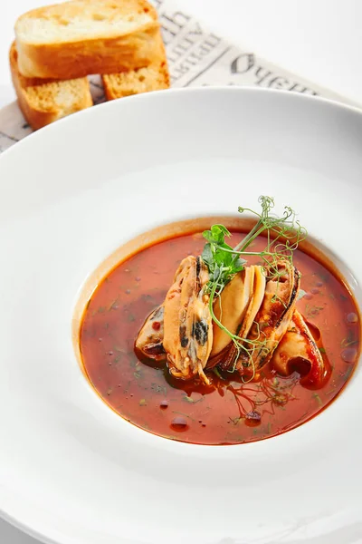 Traditional French Soup Seafood Delicious Mussel Bouillabaisse Plate Provencal Fish — Stock Photo, Image