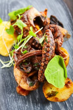 Fırında patates ile ızgara ahtapot. Lezzetli deniz ürünleri yakın çekim manzarası. Yeşillik ve kızarmış sebzeli lezzetli bir yemek. Tabaktaki yemek bileşimi. Restoran yemeği, aşçılık sunumu.
