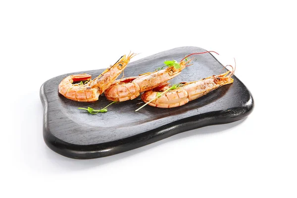 Argentinian Shrimps Side View Served Red Prawns Black Plate Seafood — Stock Photo, Image