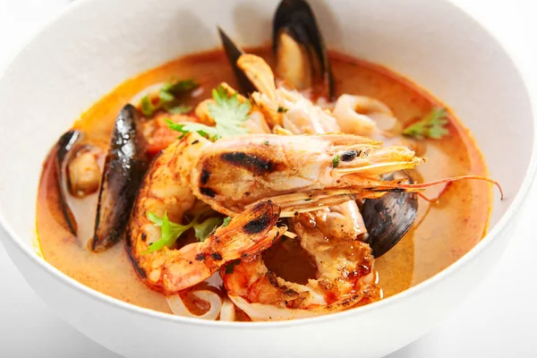 Tom Yum Seafood Bowl Served Main Course Close Thai Sour — Stock Photo, Image