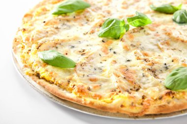 Tatlı tatlı pizza bianca veya armut, fındık ve Gorgonzola peynirli Brezilya pizzası. Alternatif İtalyan meyveli ekmek dilimi, menü tasarımı için hazır.