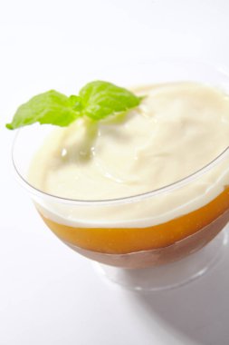 Lokanta bardağında çikolatalı ve mangolu vanilyalı mus tatlısı. Kayısı reçelli, kremalı ya da beyaz masadaki kremalı lezzetli kakao panna cotta.