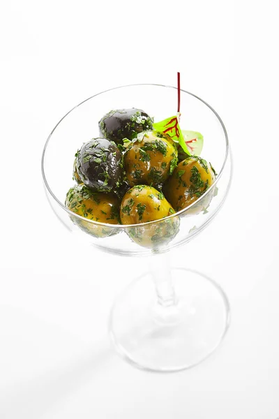 Miscela Olive Con Olio Speziato Aglio Olive Mature Verdi Nere — Foto Stock