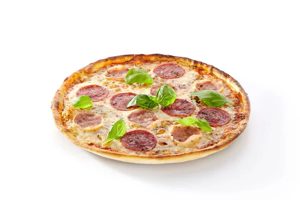 Пицца Ветчиной Салями Итальянские Травы Изолированы Белом Фоне Дизайна Меню — стоковое фото