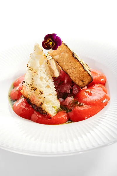 Tuna Tartare Gazpacho Close Raw Red Fish Tomato Soup Plate — Stock Photo, Image