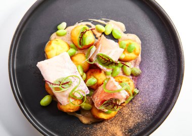 Somon ve peynirli kroket. Yeşillikle servis edilen lezzetli deniz ürünleri. Sos ve fasulyeli dilimlenmiş balık. Geleneksel Fransız tarifi, haute cuisine. Tabaktaki yemek bileşimi