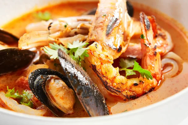 Tom Yum Seafood Bowl Served Main Course Close Thai Sour — Stock Photo, Image