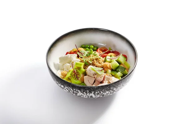 Couscous Chiken Avocado Side View Poke Bowl Fresh Vegetables Tofu — Stock Photo, Image