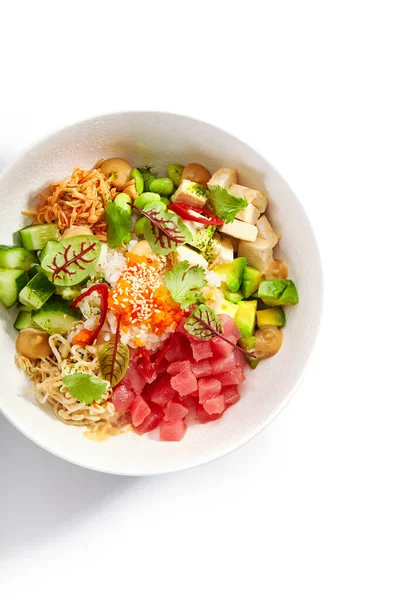 Poke Tuna Noodles Hawaiian Salad Avocado Tofu Top View Traditional — Stock Photo, Image