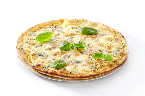 White Four Cheeses Pizza Melted Parmesan Gorgonzola Mozzarella Gouda Cheese — Stock Photo, Image