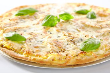 Tatlı tatlı pizza bianca veya armut, fındık ve Gorgonzola peynirli Brezilya pizzası. Alternatif İtalyan meyveli ekmek dilimi, menü tasarımı için hazır.