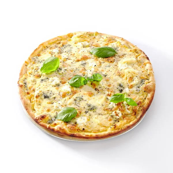 White Four Cheeses Pizza Melted Parmesan Gorgonzola Mozzarella Gouda Cheese — Stock Photo, Image