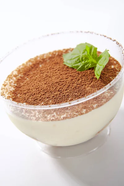 Gourmet Italian Tiramisu Dessert Restaurant Glass Decorated Fresh Mint Cocoa — Stock Photo, Image