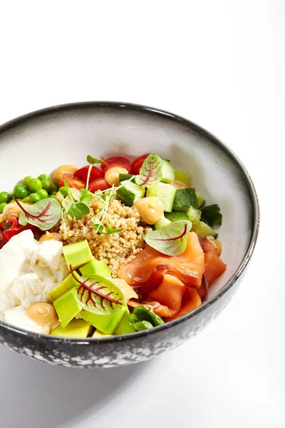 Couscous Met Zalm Verse Groenten Traditionele Maaltijd Geserveerd Met Tofu — Stockfoto