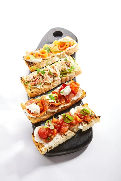 Bruschettas Seafood Vegetables Start Dishes Salmon Crab Cucumber Delicious Snacks — Stock Photo, Image