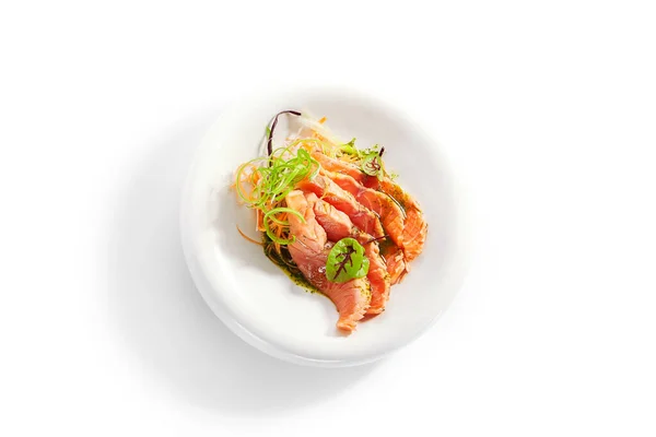 Tataki Zalm Bovenaanzicht Japans Recept Traditionele Aziatische Keuken Heerlijke Zeevruchten — Stockfoto