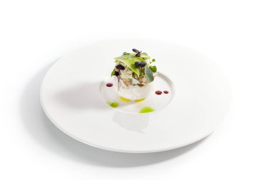 Yengeçle doldurulmuş sütlü mozzarella. Avokado hamuru ve trüf ezmeli lezzetli bir yemek. Mutfağa koşun. Yeşillikle süslenmiş lezzetli bir restoran yemeği. Mutfak sunumu, yemek kompozisyonu