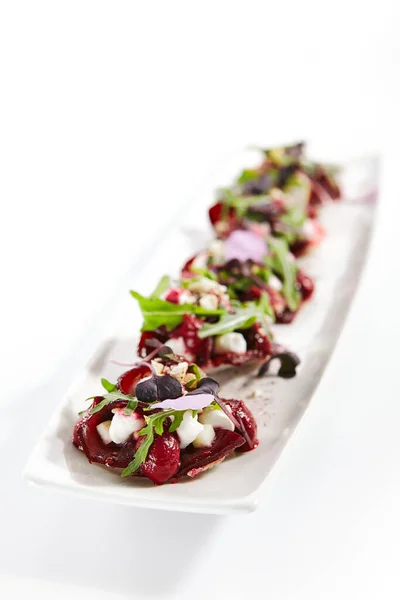 Beetroot Tartare Goat Cheese Tray Delicious Snacks Arugula Spices Haute — Stock Photo, Image