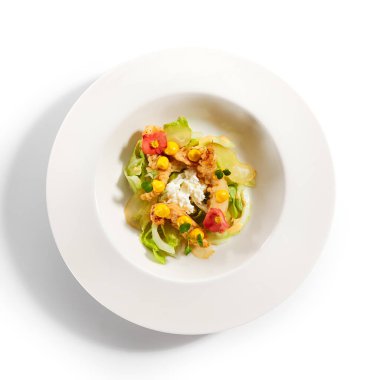 Çıtır Langoustine 'li sıcak salata. Kızarmış deniz ürünleriyle servis edilen lezzetli yemekler. Çiçek ve sosla süslenmiş beyaz tabakta lezzetli yemekler. Haute cuisine, Sicilya tarifi. Restoran menüsü