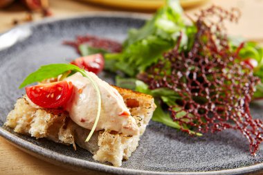 Eritilmiş ördek, füme krem peynir ve sarımsaklı ciabatta salatası yakın plan gri tabakta. Taze yemek, sağlıklı beslenme. Yeşillik ve domates süslemeleri. Restoran menüsü, gurme aperatifi.