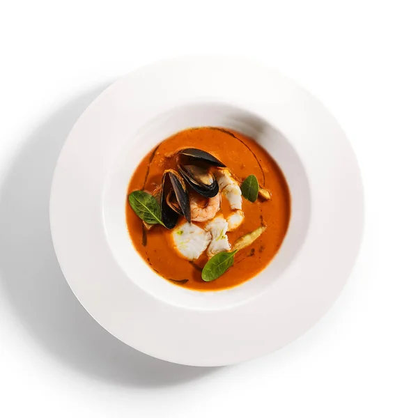 Bouillabaisse Weißer Schüssel Serviert Hauptgericht Draufsicht Französische Meeresfrüchte Suppe Mit — Stockfoto