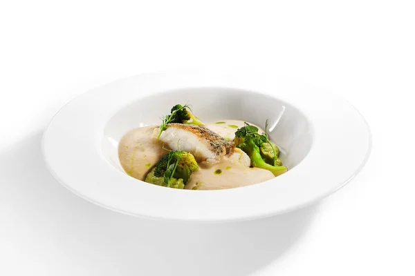 Havstorsk Nära Håll Serverade Mat Dish Fish Baked Broccoli Purree — Stockfoto