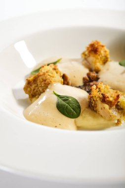 Kaburgalar gevrek ekmeği yakın çekim. Kızarmış deniz ürünleri, yanında patates kreması ve tabakta balık yahnisi. Gurme aşçılık, gastronomi. Restoran yemekleri, ana yemek.