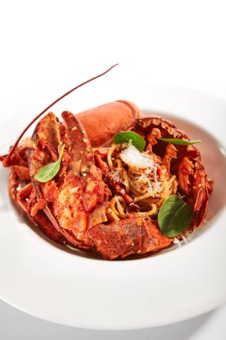 Istakozlu spagetti. Geleneksel İtalyan mutfağı servis edildi. Parmesan peynirli makarna ve tabakta deniz ürünleri. İtalya 'da lüks aşçılık. Restoran yemekleri, lezzetli yemekler, ana yemek.