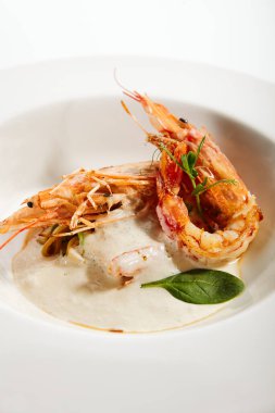 Krema soslu Langoustines. Lüks yemek servisi. Beyaz tabakta fesleğen yapraklı Norveç ıstakozu. Deniz ürünleri restoranının yüksek menüde yemek bölümü. Yemek nefis, ana yemek. 