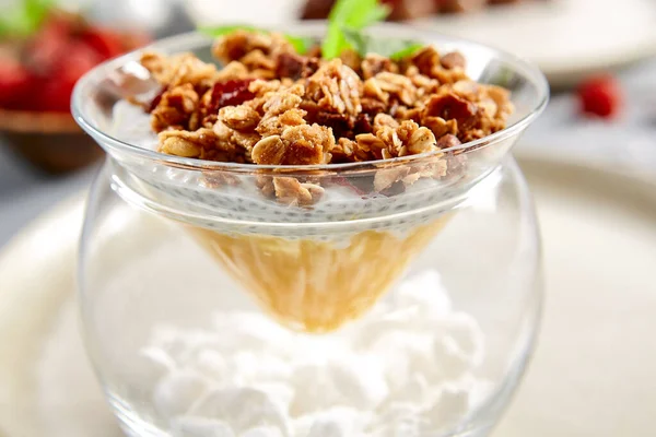 Chia Pudding Thai Mango Caramelized Granola Glass Bowl Organic Dessert — Stock Photo, Image