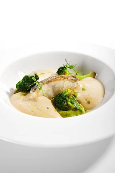 Sea Cod Fillet Close Served Cuisine Dish Fish Baked Broccoli — Stock Photo, Image