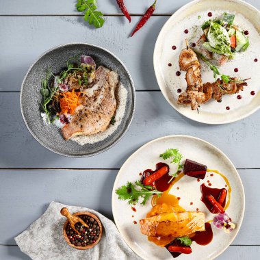 Seramik tabaklarda sıcak yemekler. Avrupa mutfağı, et ve sebzeli deniz ürünleri. İştah açıcı şarküteriler, gastronomi, restoran yemekleri ve ahşap masada lezzet.