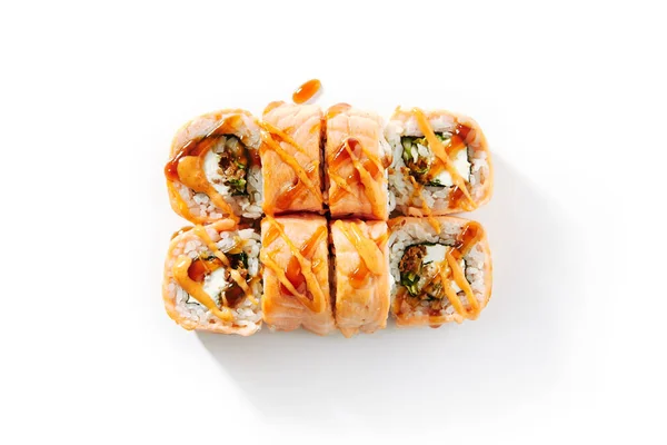 Rollos Salmón Sobre Fondo Blanco Vista Superior Delicioso Sushi Con — Foto de Stock