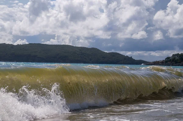 large yellow-greenish waves roll down to the sandy shore of the turquoise sea
