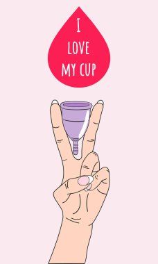 Kadının elinde regl bardağı olan pembe düz poster.