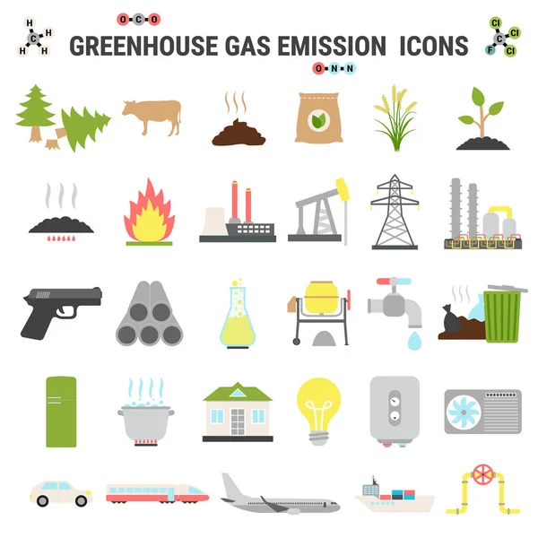 Iconos de las emisiones mundiales de gases de efecto invernadero por sector económico — Vector de stock