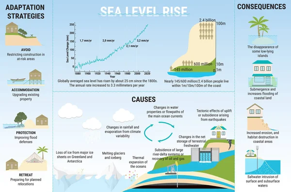 Causas, riesgos y estrategias de adaptación para el aumento del nivel del mar — Vector de stock