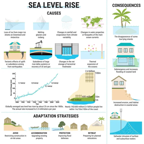 Causes, risques et stratégies d'adaptation à l'élévation du niveau de la mer — Image vectorielle