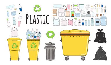 Plastik çöplerle dolu çöp kutuları. Çöplerle dolu çöp kutularını geri dönüştür. Atık yönetimi. Çöpleri ayıklamak çöp kutularına düşer. Yararlanma konsepti. El çizimi vektör illüstrasyonu.