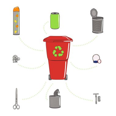 Plastik kutulu metal çöp seti. Teneke ve alüminyum kutular, vidalar, sprey, kapaklar, makas. Atık yönetimi. Çöpleri ayıklıyorum. Yararlanma konsepti. El çizimi vektör illüstrasyonu.