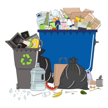 Çöp tenekesi ve çöp yığını. Atık yönetimi. Çöp kirliliği. Çöp, yemek, metal, plastik, kağıt, cam, karışık çöp. Geri dönüşüm. El çizimi vektör illüstrasyonu.