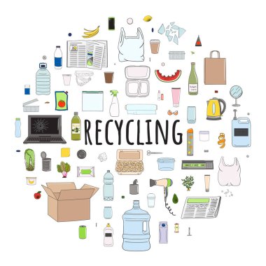 Çemberdeki çöpleri ayıklıyor. Çöp geri dönüşümü. Atık yönetimi. Çöpleri ayıklıyorum. Organik, metal, plastik, kağıt, cam, e-atık. El çizimi vektör illüstrasyonu.