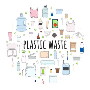 Çemberde plastik çöpler var. Şişe, tüp, fırça, pipet, kap, makine, çatal, kahve fincanı. Atık yönetimi. Çöpleri ayıklıyorum. Yararlanma konsepti. El çizimi vektör illüstrasyonu.