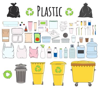 Plastik kutulu plastik çöp seti. Şişe, tüp, fırça, pipet, kap, makine, çatal, kahve fincanı. Atık yönetimi. Çöpleri ayıklıyorum. Yararlanma konsepti. El çizimi vektör illüstrasyonu.